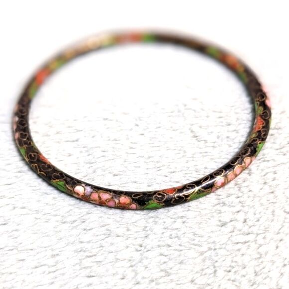 Jewelry - Vintage 1970's Black & Pink Chinese Cloisonne Enamel Floral Bangle Bracelet